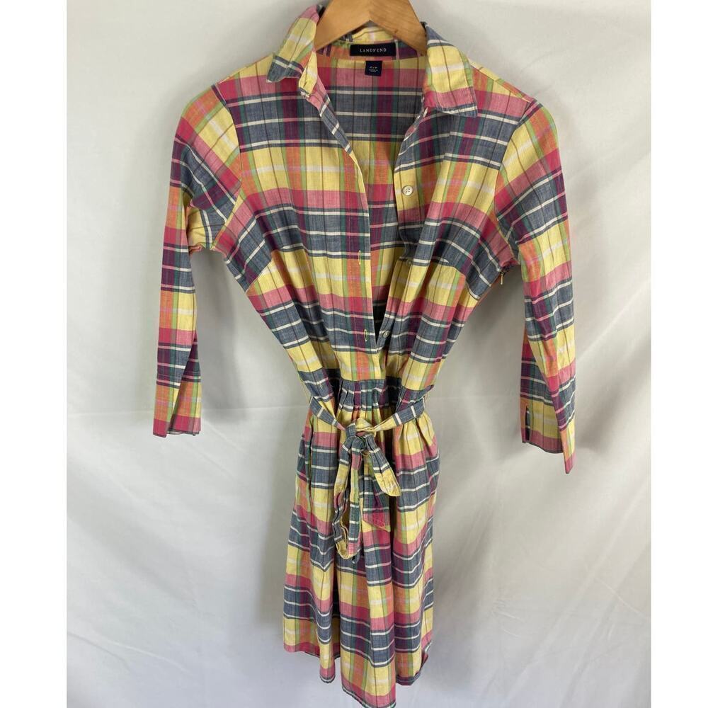 Lands End Belted Madras Plaid Dress Size 2